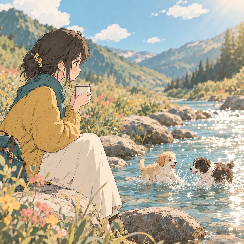 Coffee Girl By the River — an example generated with GPT Image 2.5 from the prompt on this card