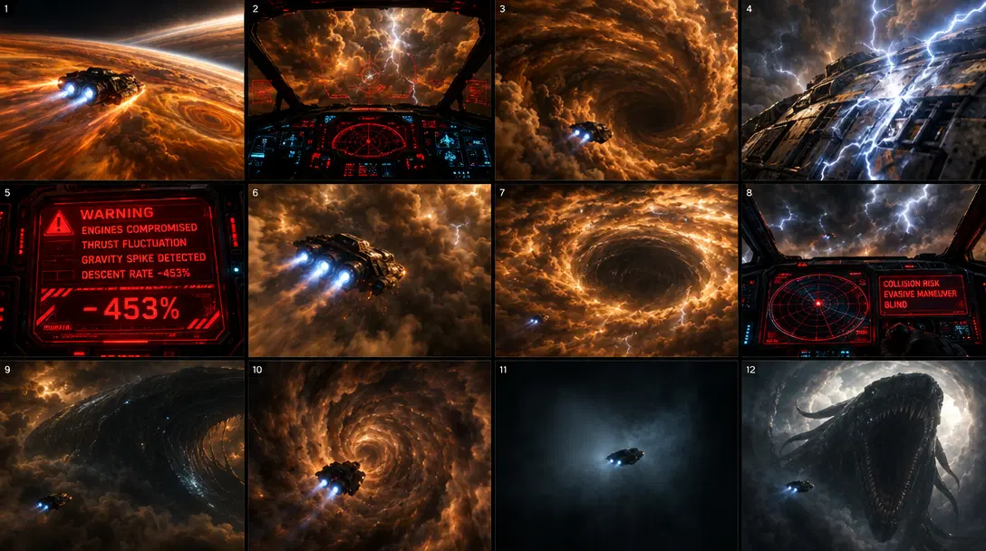 Gas Giant Descent Storyboard — an example generated with GPT Image 2.5 from the prompt on this card