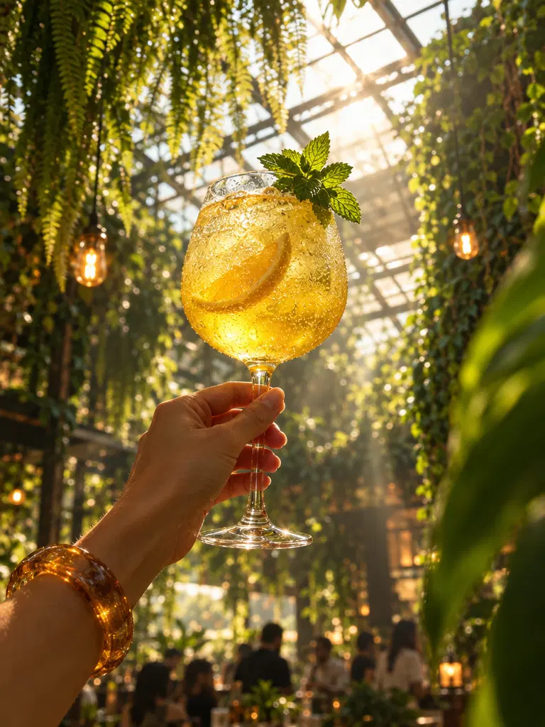 Golden Cocktail in Greenhouse Bar — an example generated with GPT Image 2.5 from the prompt on this card