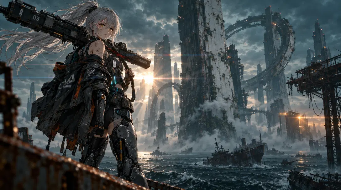 Mecha Girl Sea-City Key Visual — an example generated with GPT Image 2.5 from the prompt on this card