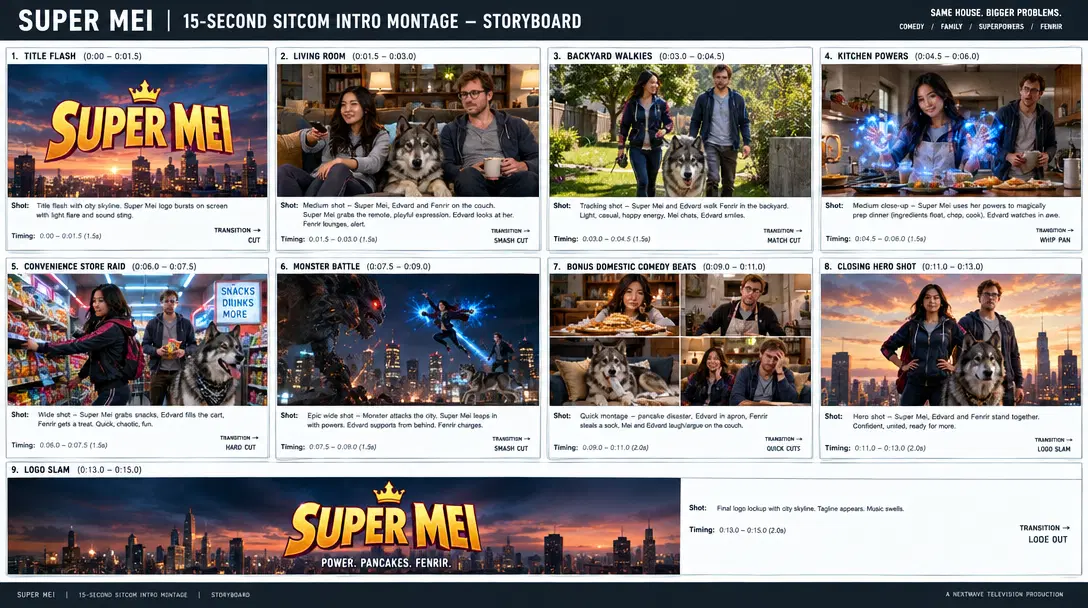 Sitcom Intro Storyboard Sheet — an example generated with GPT Image 2.5 from the prompt on this card
