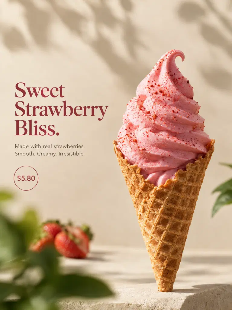 Ultra-realistic product photography of a rich strawberry soft-serve ice cream... — an example generated with GPT Image 2.5 from the prompt on this card