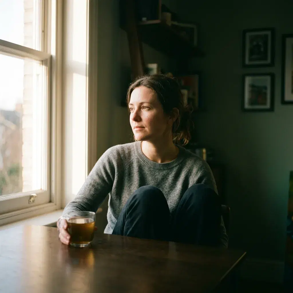 A woman seated beside a bright window, warm amber light falling across one side of her face while the shadowed half of the room leans green and cyan, soft halation along the window edge and fine grain across the frame.