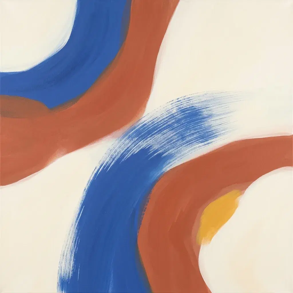 Abstract painting with a broad cobalt blue brush gesture, curved terracotta forms, a yellow accent and warm ivory negative space