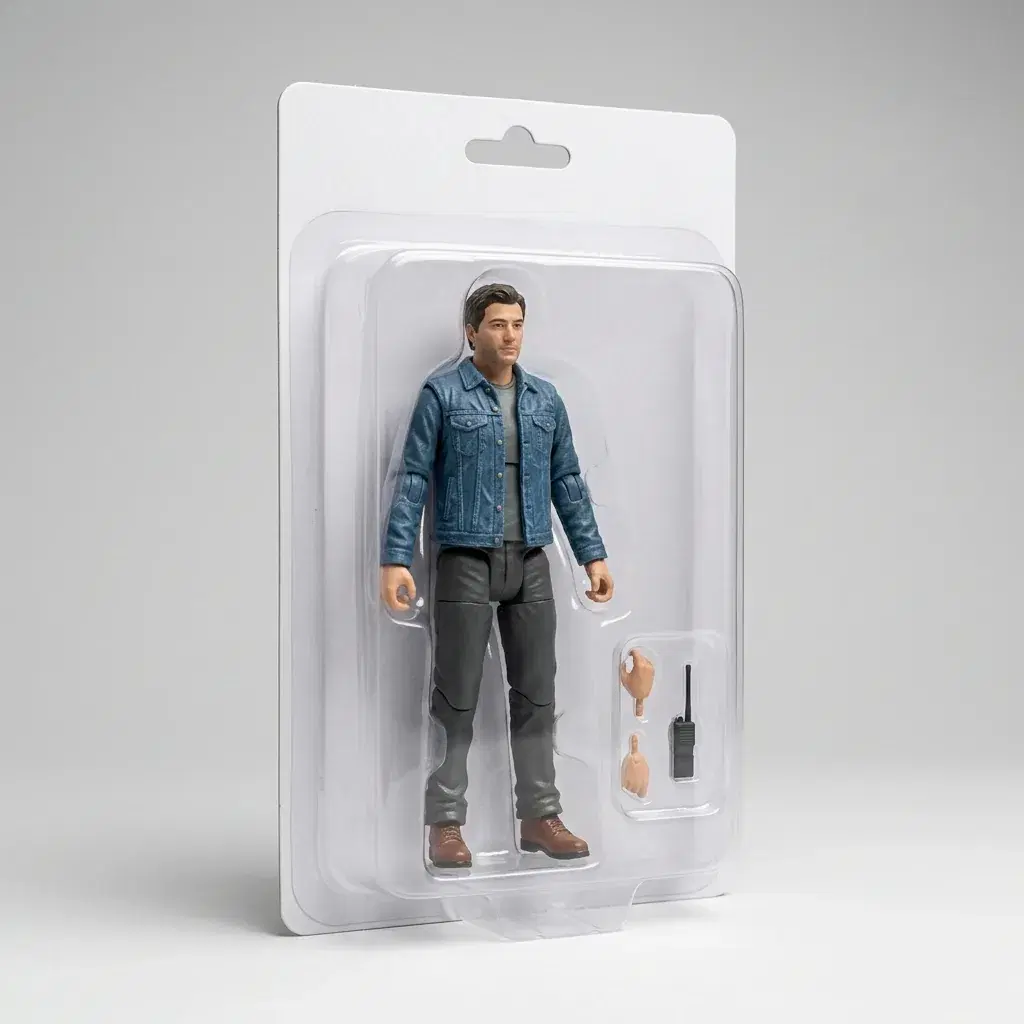 Boxed collectible action figure of a man in a denim jacket in a blister pack with a blank card under studio lighting
