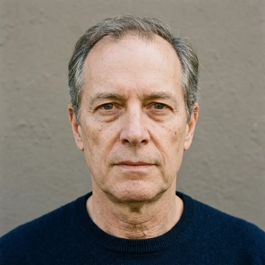 A single photograph, filling the frame, of a man in his early sixties looking straight at the camera: temples hollowed, jawline softened, upper lids hooded, hairline receded with grey carried unevenly back from it, natural pores and catchlights in both eyes, in a navy crew-neck against a plain warm-grey wall that continues past all four sides.