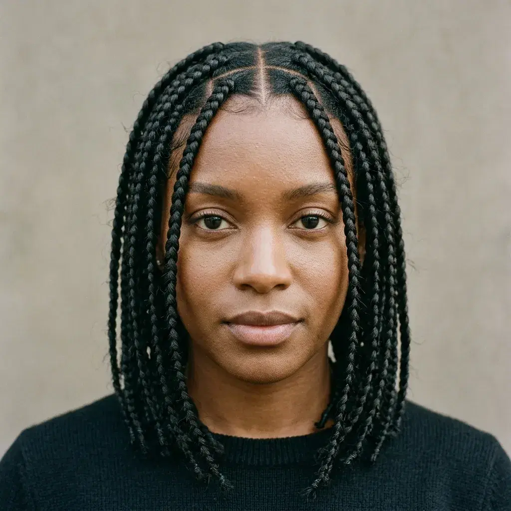 A close head-and-shoulders photograph of a woman wearing shoulder-length knotless box braids of even medium thickness, the strand-over-strand crossings clearly visible along each braid, square-parted sections showing bare scalp between them and fine baby hairs left at her temples, lit evenly against a plain warm-grey wall.