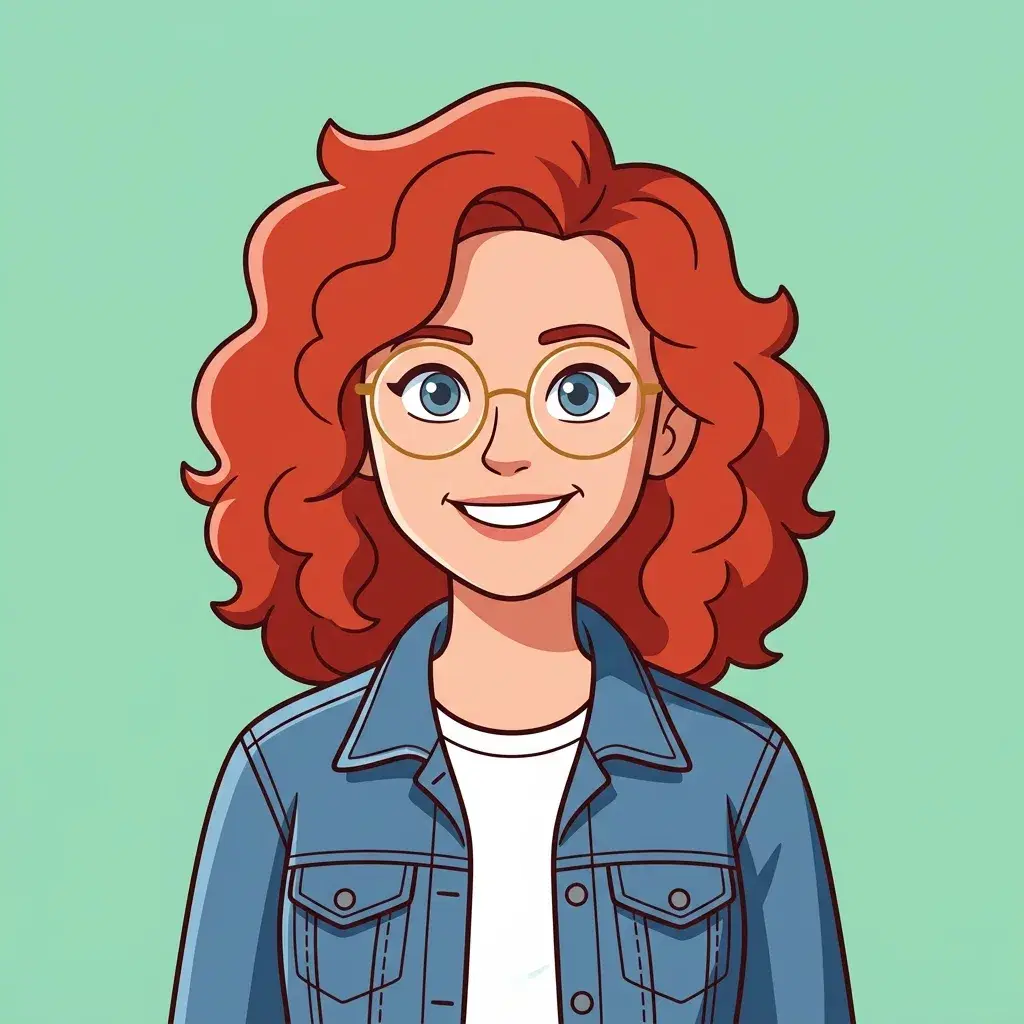 A cartoon portrait of a woman with curly red hair, round glasses and a denim jacket, drawn with clean dark outlines and flat cel shading in two tones on a plain mint backdrop.