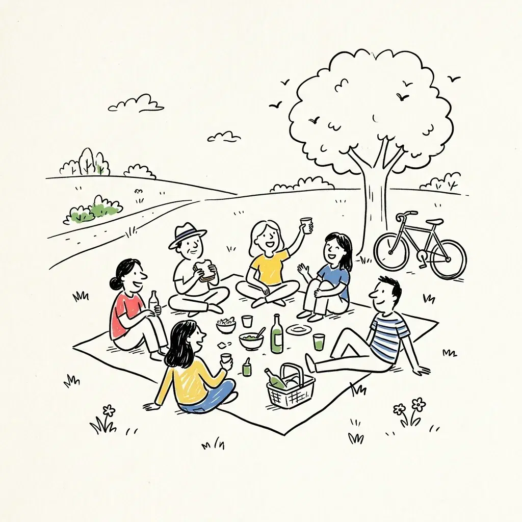 Hand-drawn doodle of neighbors sharing a picnic on off-white paper