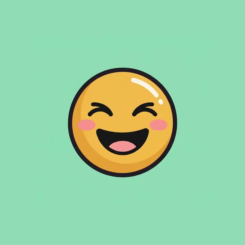 A round golden-yellow emoji face laughing with squeezed-shut curved eyes, a wide open smile showing a pink tongue and small blush marks on both cheeks, in bold flat colour with a thick soft outline and one glossy highlight, on a plain mint background