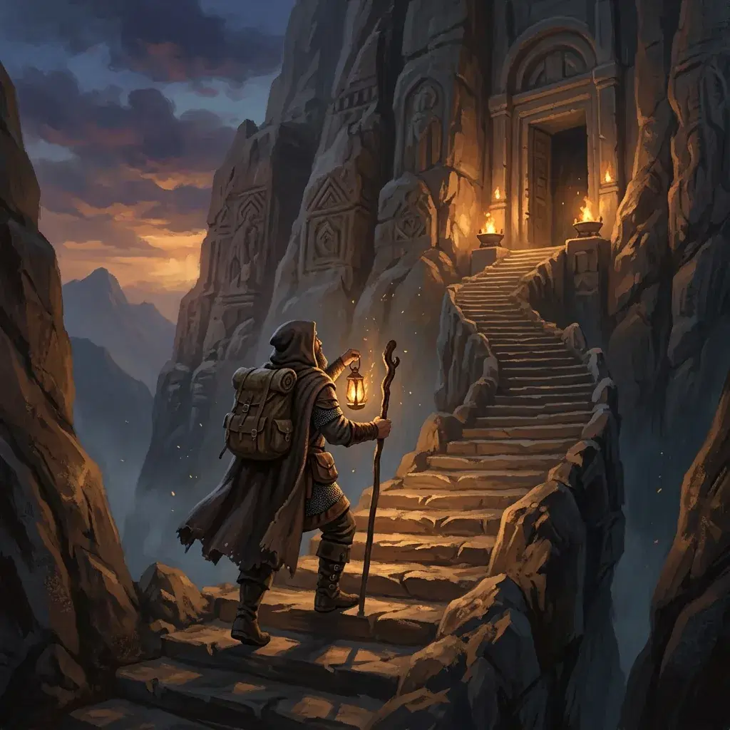Painted fantasy illustration of a cloaked traveler climbing a torch-lit stair toward a carved cliff gateway at dusk