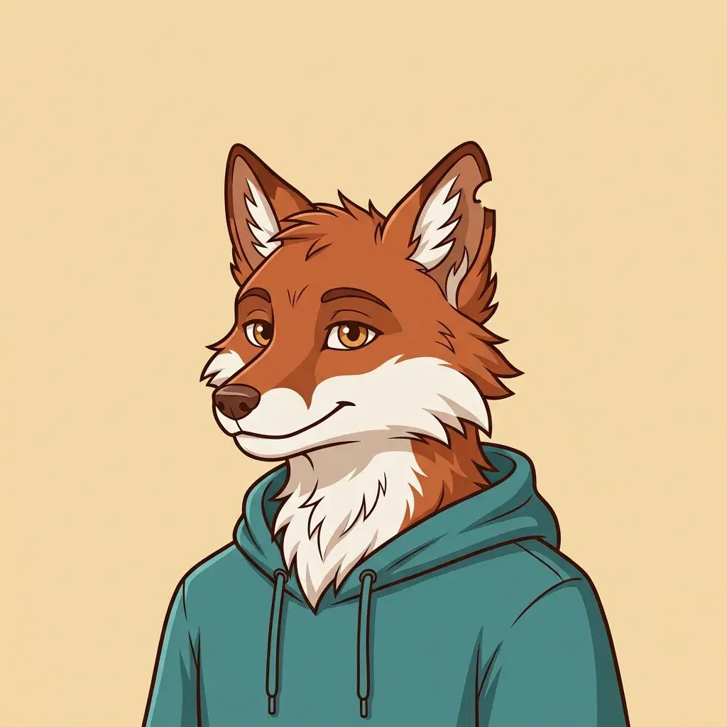 An original russet-and-cream fox anthro character shown chest-up in three-quarter view, wearing a teal drawstring hoodie with the hood down, with a white cheek ruff and chest tuft, one notched ear tip and amber eyes, drawn with clean linework and cel shading on a plain warm-cream backdrop.