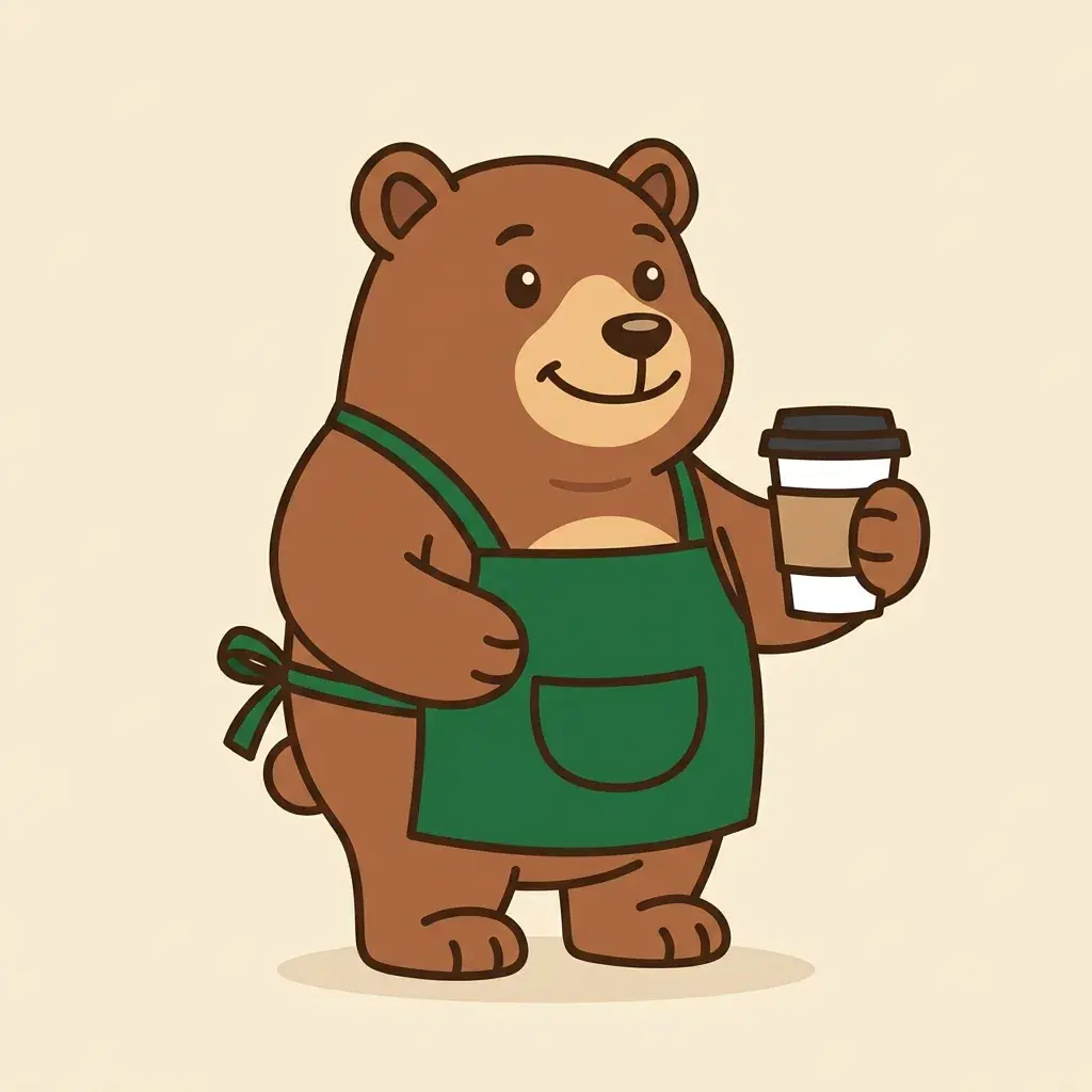 Flat-color mascot illustration of a round brown bear in a green apron holding a paper coffee cup on a plain cream background