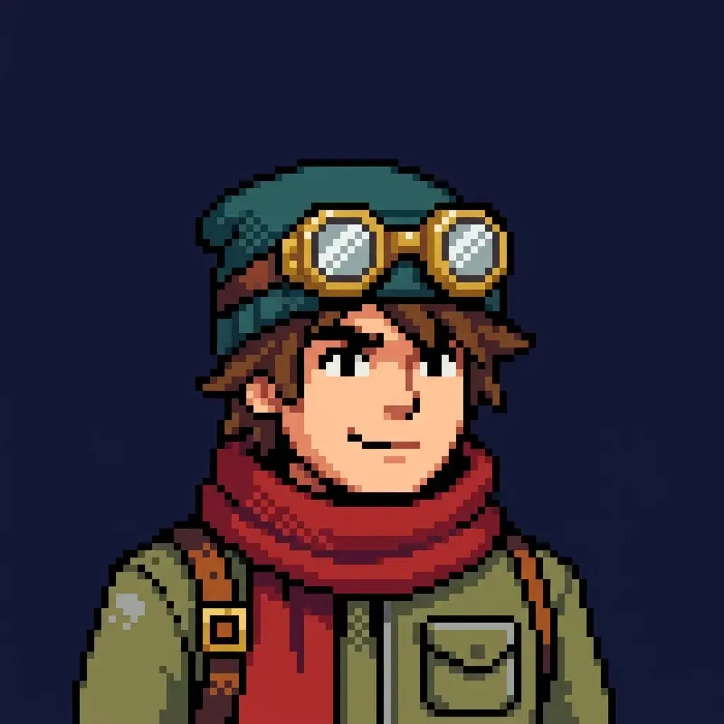 A chest-up pixel-art sprite of an explorer in a teal knit cap with brass goggles strapped to it and a red scarf, drawn on one consistent pixel grid with hard-edged blocks, a limited flat palette and dithered shading, against a plain dark navy background.