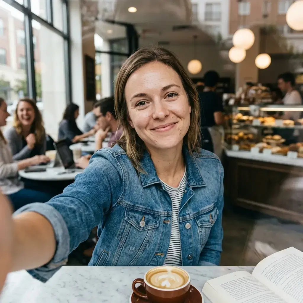 An arm's-length phone selfie of a woman in her late twenties in a denim jacket at a window table in a busy cafe, her face a touch brighter than the room, a flat white and a paperback on the marble top, blurred customers and a pastry counter behind her, the camera slightly above eye level and gently tilted