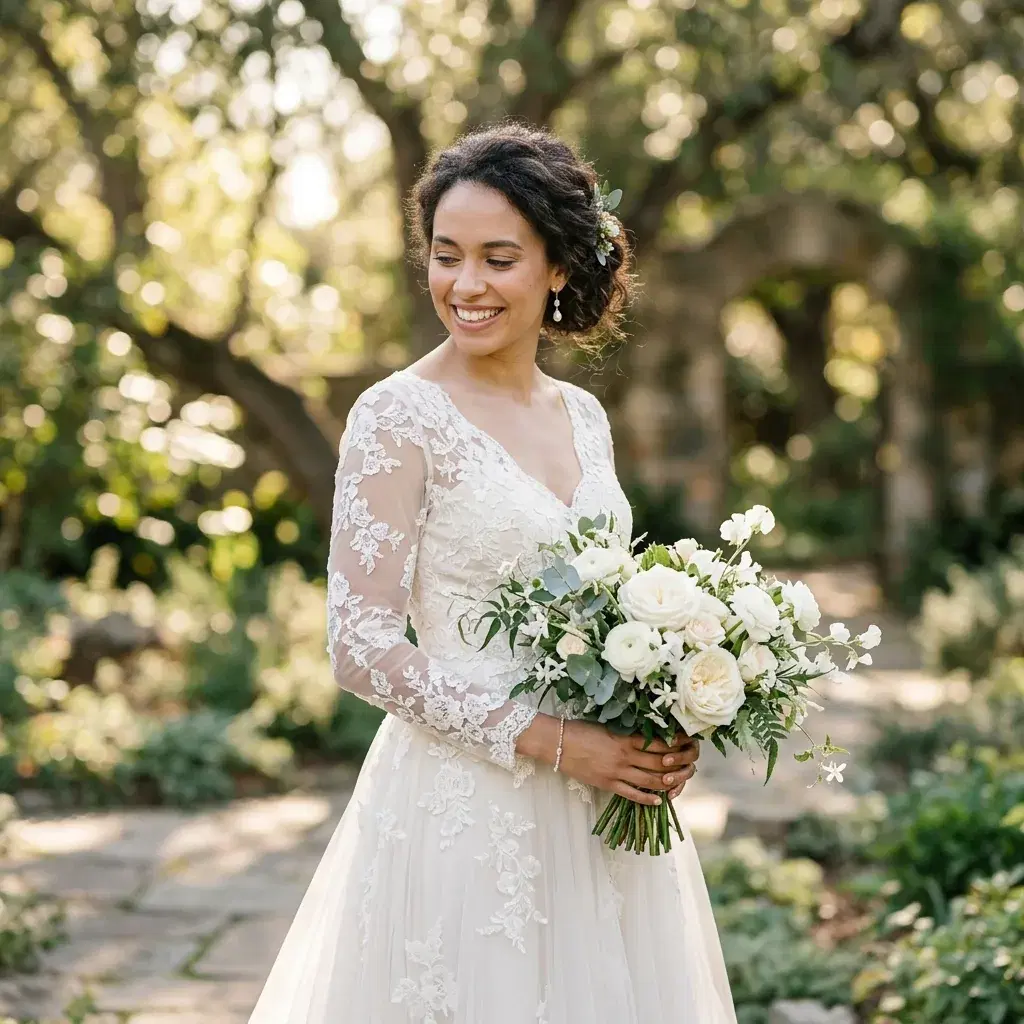 Wedding-style portrait of a bride in an ivory lace A-line gown holding white garden roses in soft afternoon light