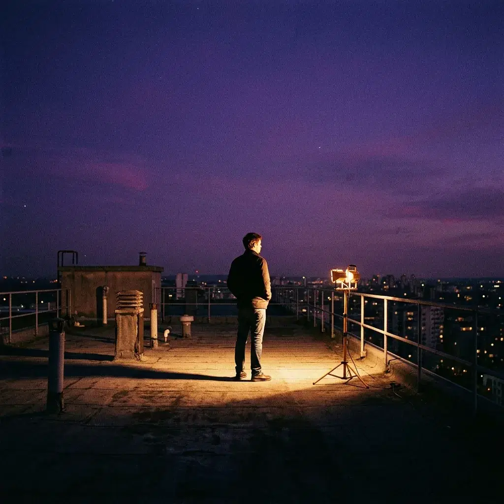 Square album cover art of a lone figure on a floodlit rooftop at dusk under a deep violet sky, with quiet empty space across the top