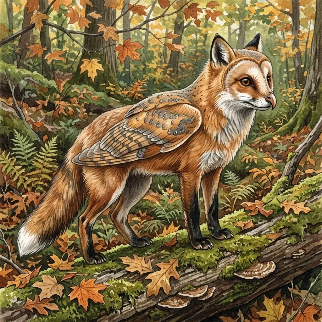 Painted hybrid of a fox and a barn owl, with a russet fox body and barred owl plumage over the shoulders, on a mossy log in autumn woodland
