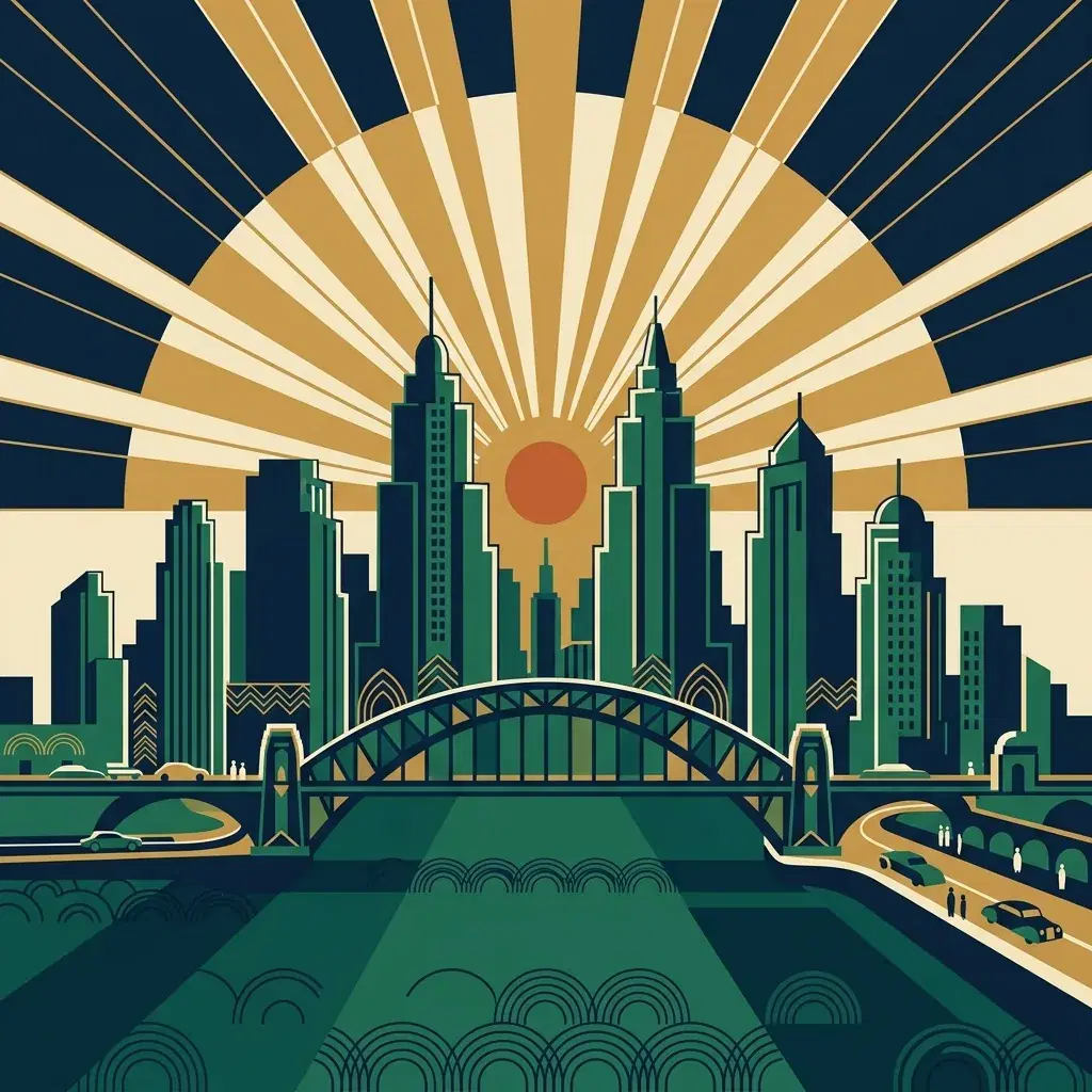 Art Deco illustration of stepped coastal towers and an arched bridge above teal water, with gold rays behind the skyline