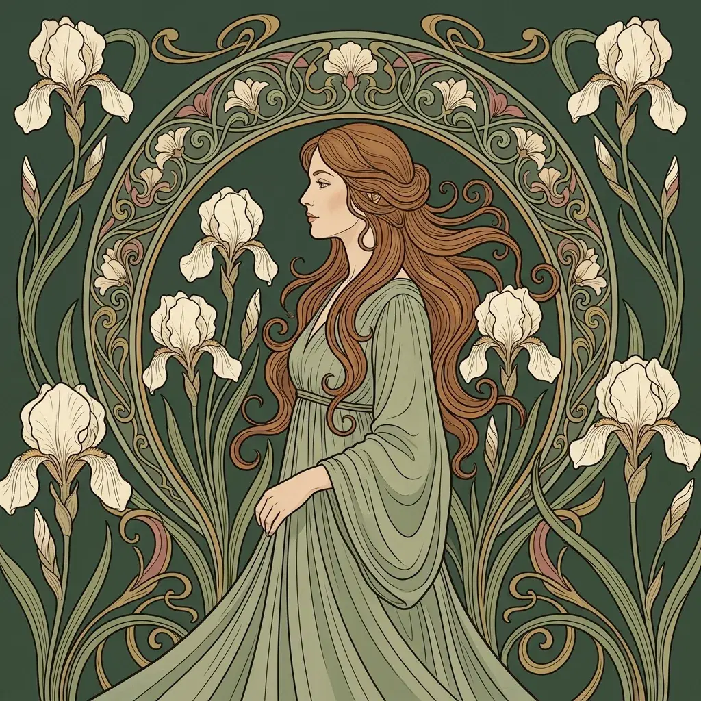 Art Nouveau profile of an auburn-haired woman in a sage dress among pale irises and curving green and gold botanical lines
