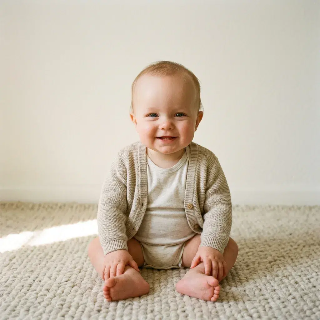 A single square photograph, filling the frame, of a smiling baby of about one year sitting up on a pale wool rug and looking straight at the camera: fine sparse hair, a high smooth forehead, full round cheeks, a small upturned nose, catchlights in both eyes and real skin texture with no smoothing, in an oatmeal knit cardigan against a plain warm-white wall that continues past all four sides.