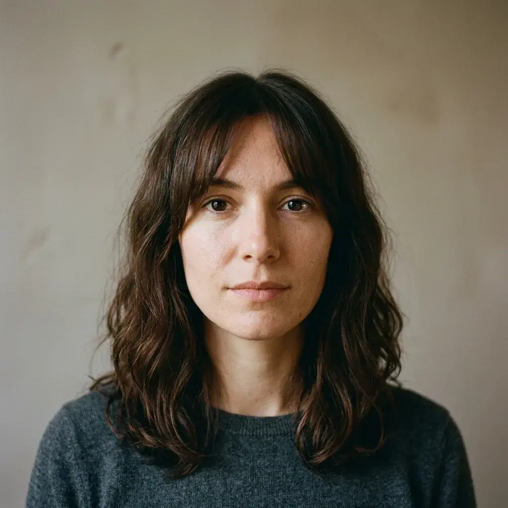 A close head-and-shoulders photograph of a woman with long dark-brown hair and soft centre-parted curtain bangs that taper from cheekbone length down to her outer brow, lit evenly against a plain warm-grey wall, with the fringe casting a faint shadow across her forehead.