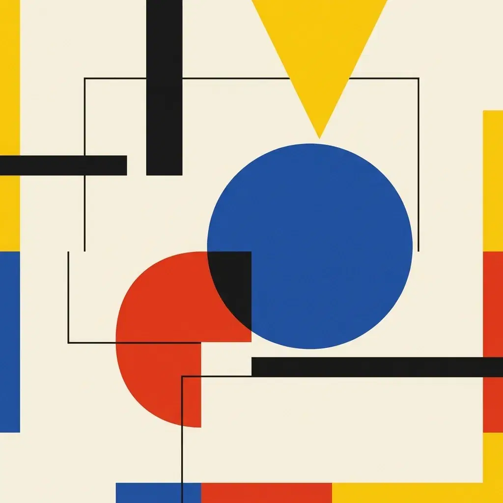 Bauhaus-style composition of a large blue circle, red semicircle, yellow triangle and black bars on ivory