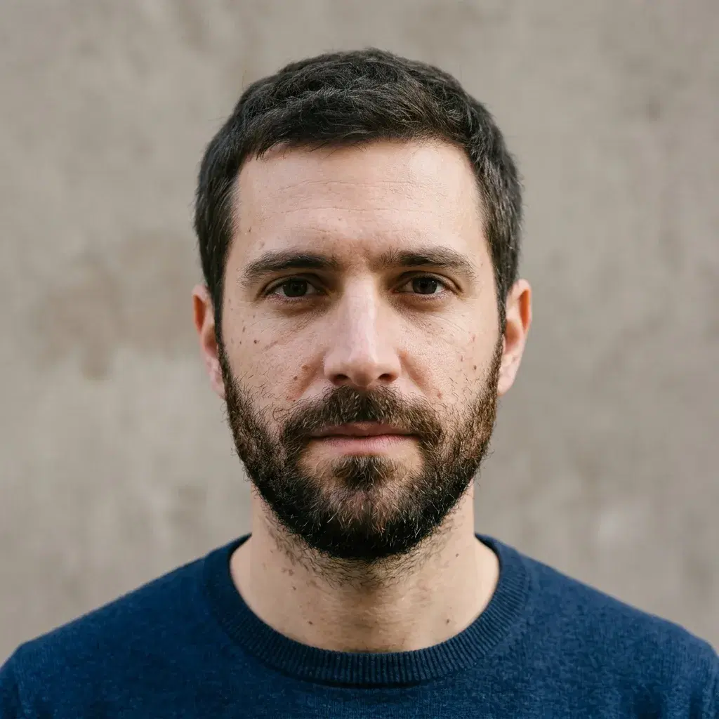 A close head-and-shoulders photograph of a man in his mid-thirties with short dark-brown hair and a neatly trimmed full beard in the same colour, dense along the jaw and chin and thinning toward his cheekbones, lit evenly against a plain warm-grey wall, with individual hairs breaking across the cheek line.