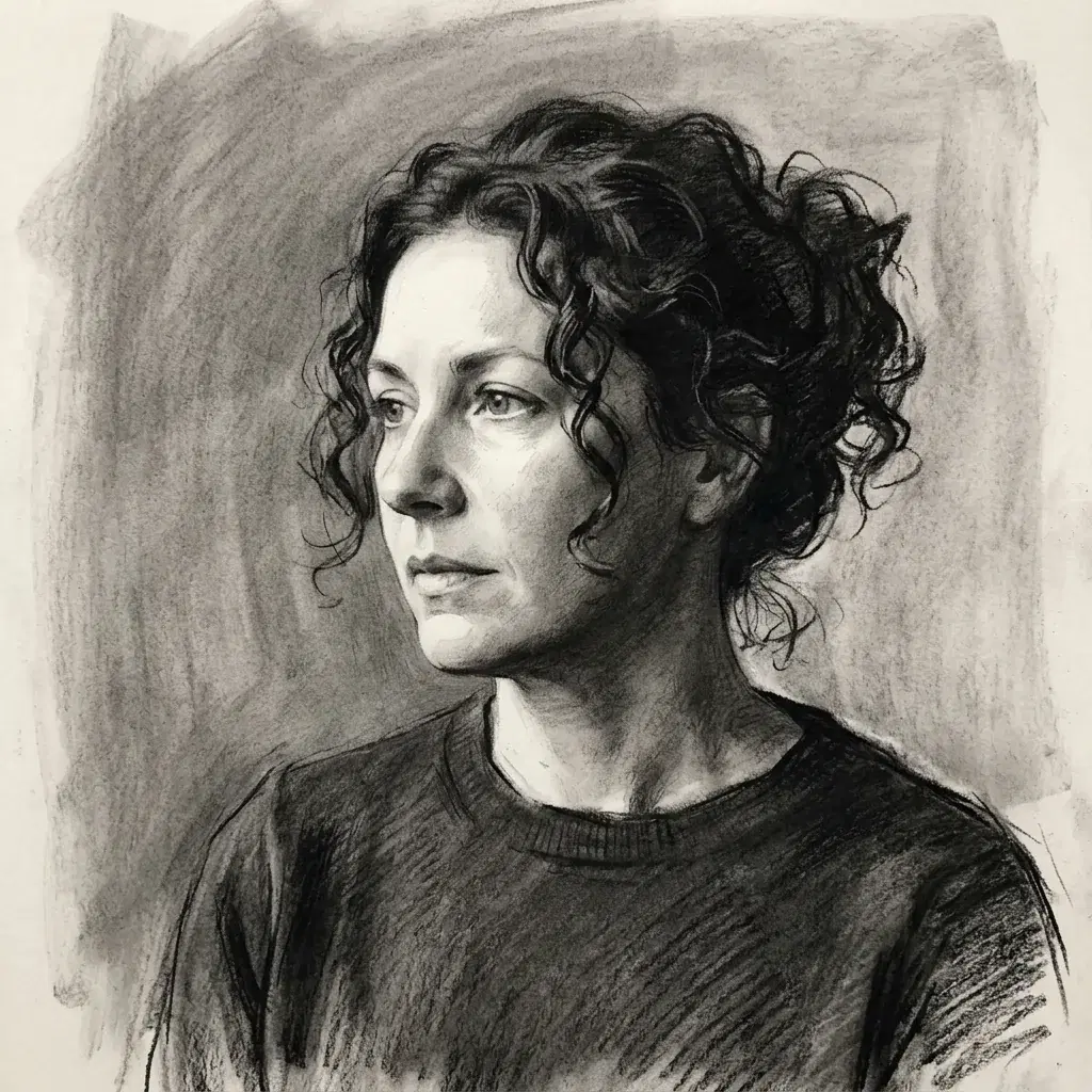 Charcoal drawing of a curly-haired woman in a dark sweater, with a bright cheek and rough gray shading behind her