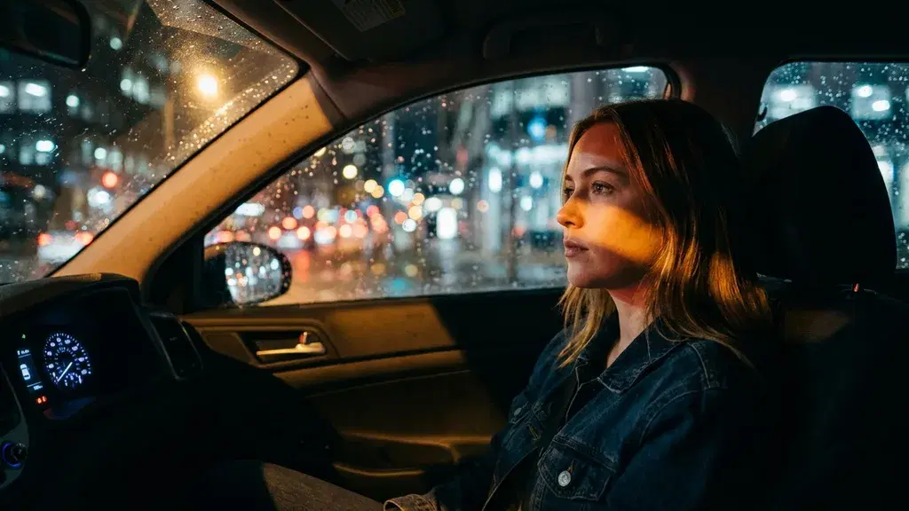 A woman in a denim jacket sitting in a car at night, a band of warm amber light falling across her face and hair, the lit instrument cluster glowing at the lower left, and the city beyond the rain-beaded windows dissolved into soft circles of white, red and teal.