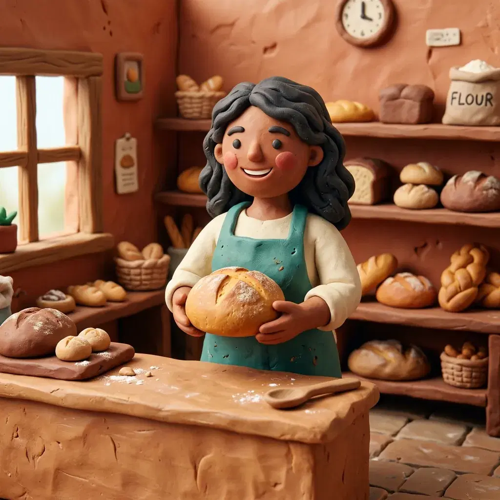 A smiling clay-style baker with dark hair and a teal apron holding a loaf inside a miniature bakery