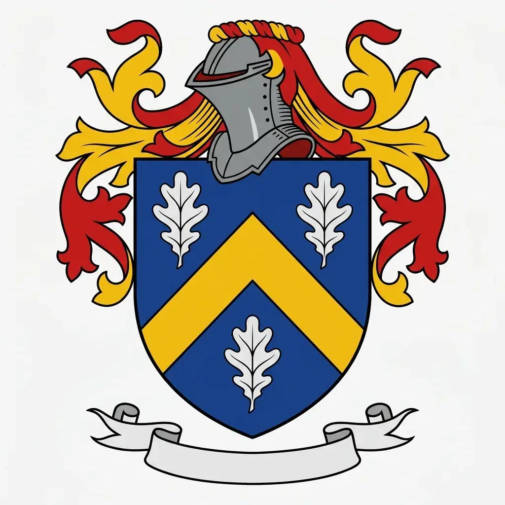Coat of arms with a gold chevron on a deep blue shield, three silver oak leaves, a steel helm with red mantling, and a blank motto scroll