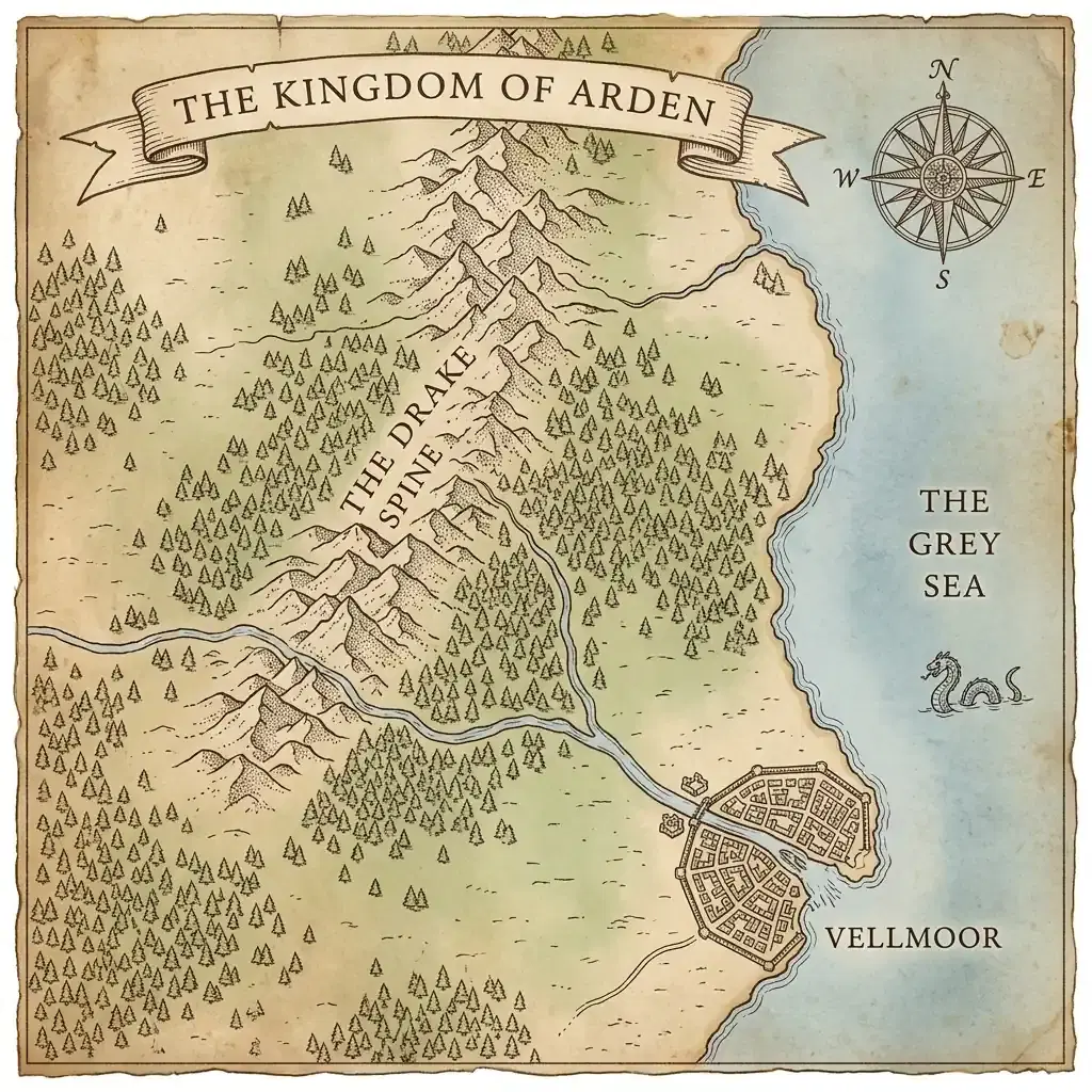 A hand-drawn parchment map titled THE KINGDOM OF ARDEN: a pine-forested inland country with a stippled mountain range labelled THE DRAKE SPINE, a river running east to a walled city labelled VELLMOOR on the coast, a sea serpent drawn in the water labelled THE GREY SEA, and a compass rose in the upper right