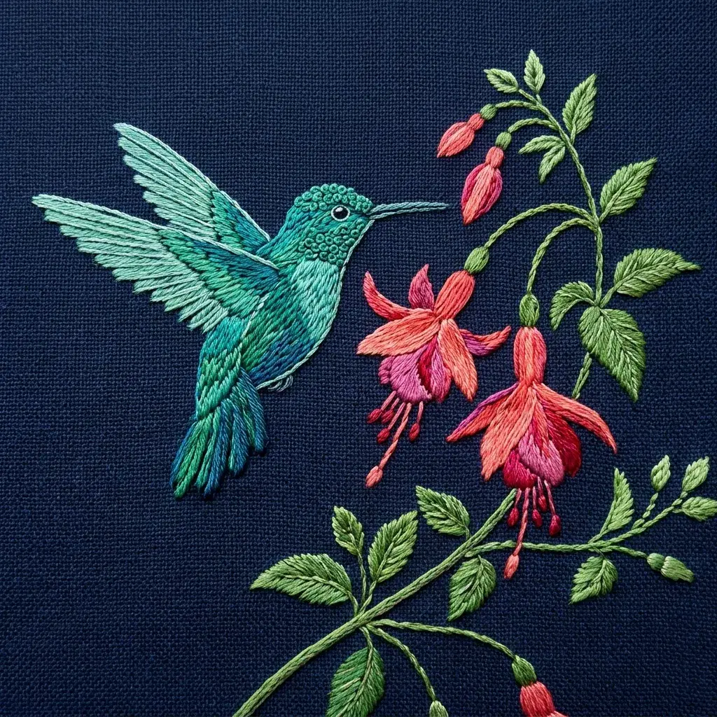 Embroidery-style teal hummingbird beside coral fuchsia flowers and green leaves on dark navy woven fabric
