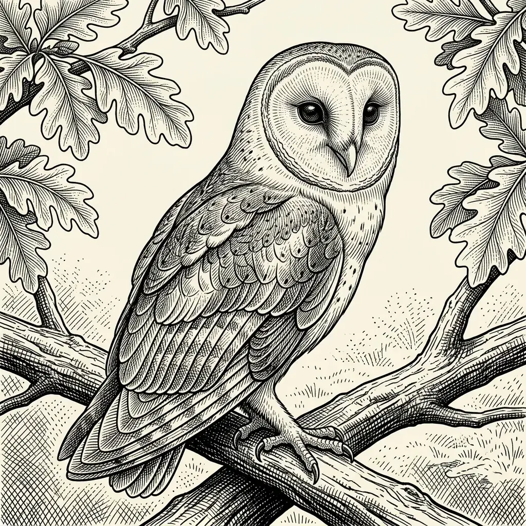 Engraving-style barn owl perched on an oak branch, with detailed black ink hatching, oak leaves and a warm ivory ground