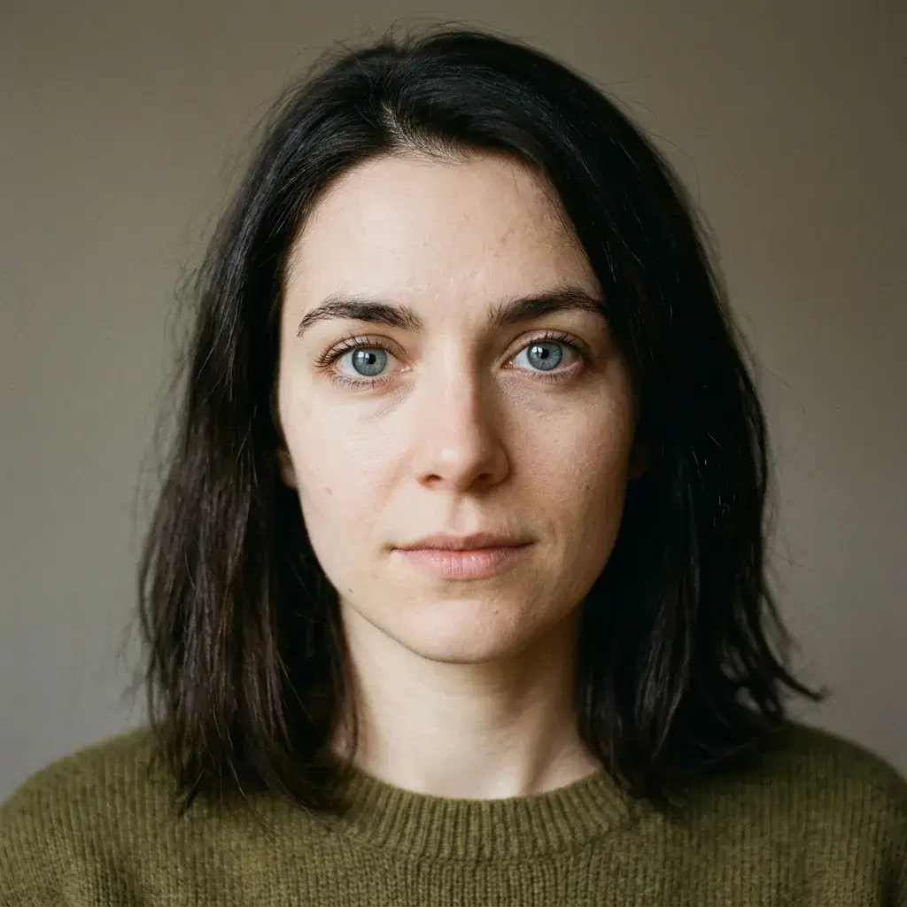 A close head-and-shoulders photograph of a woman with dark brown hair, her eye color a cool mid grey-blue with fine radial stroma texture and a darker ring around the outer rim, the pupils fully black and a single soft window catchlight in each eye, against a plain warm-grey wall.