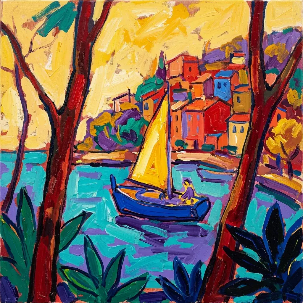 Fauvist harbor painting with a yellow-sailed blue boat, colorful hillside buildings, red tree trunks and a yellow sky