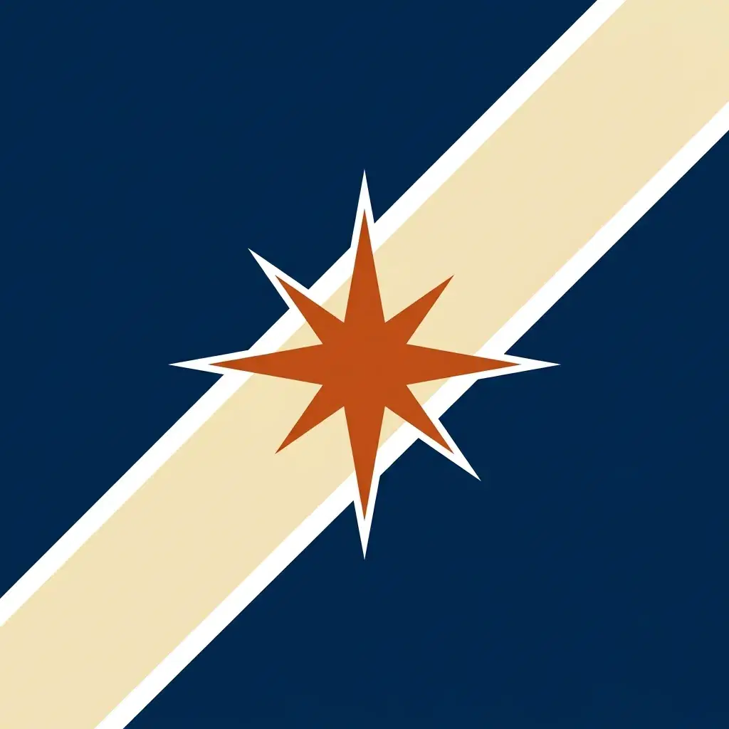 Flat flag design with a deep navy field, a diagonal cream band, and a burnt orange eight-point compass star
