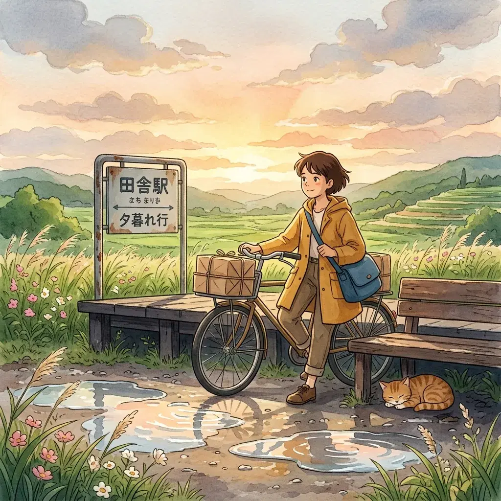 Bicycle courier in a mustard raincoat at a rural train platform after summer rain, with an orange cat sleeping under a bench