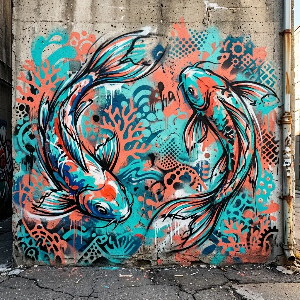 Colorful graffiti mural of two koi fish sweeping across a concrete wall