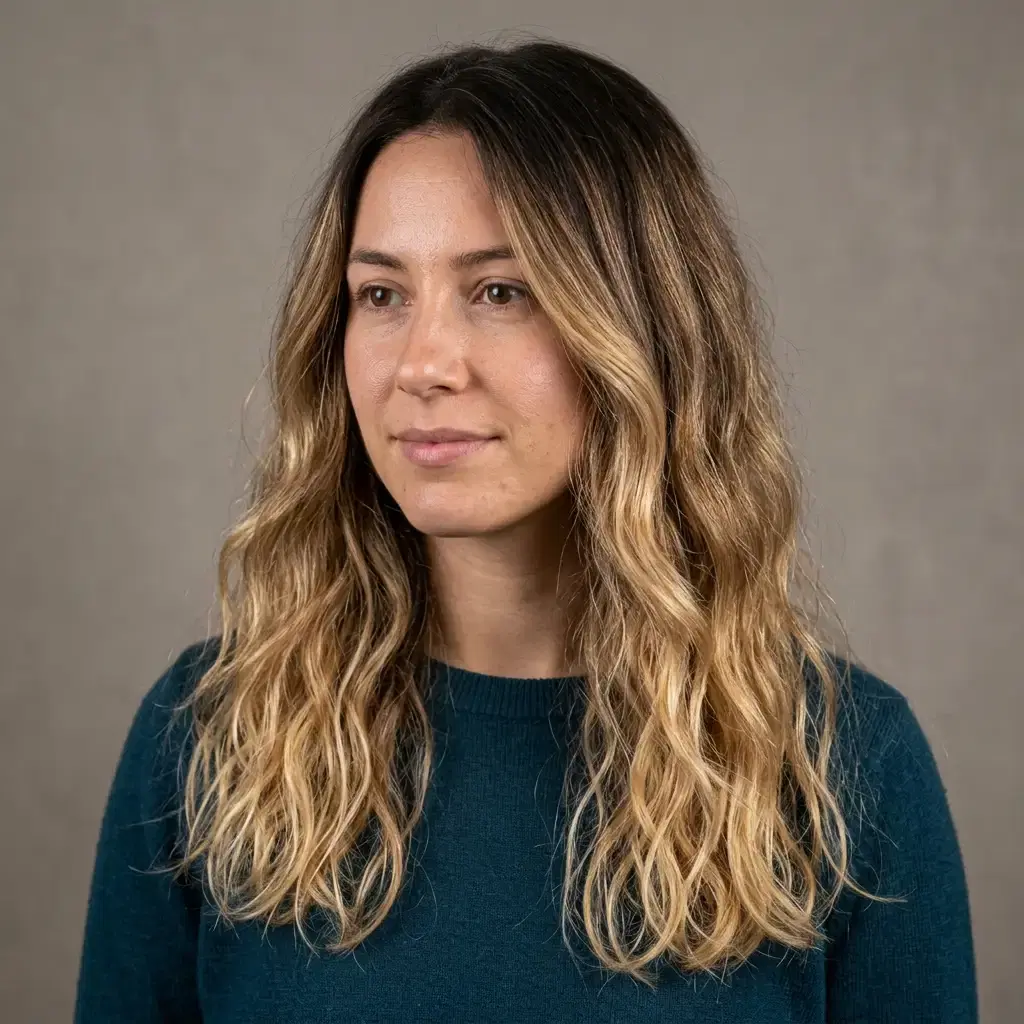 A close head-and-shoulders photograph of a woman with long wavy hair in hand-painted balayage, her dark natural roots melting into warm honey-blonde lengths that brighten toward the ends, the tonal variation and shine visible along the strands, lit evenly against a plain warm-grey wall.