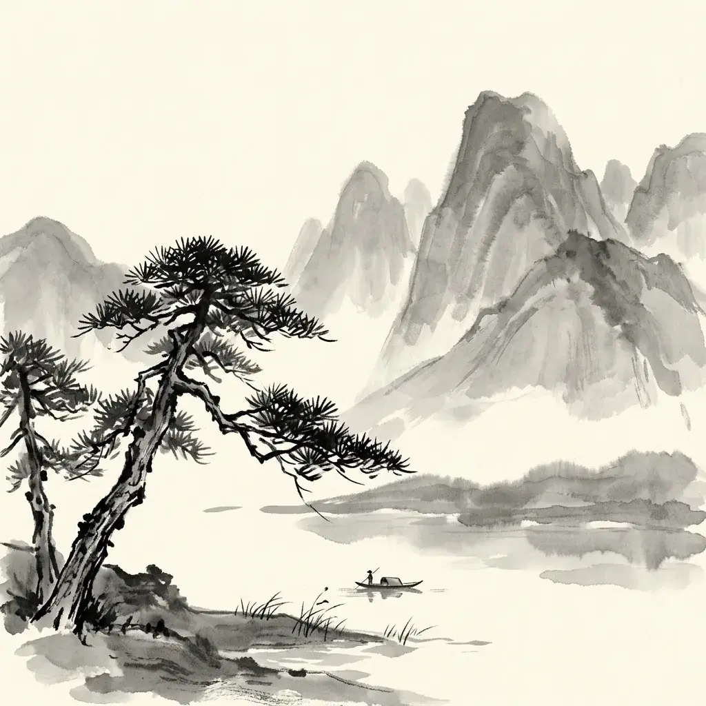 Ink wash painting of layered misty mountains and a quiet lake, with a dark leaning pine in the foreground and a tiny distant boat
