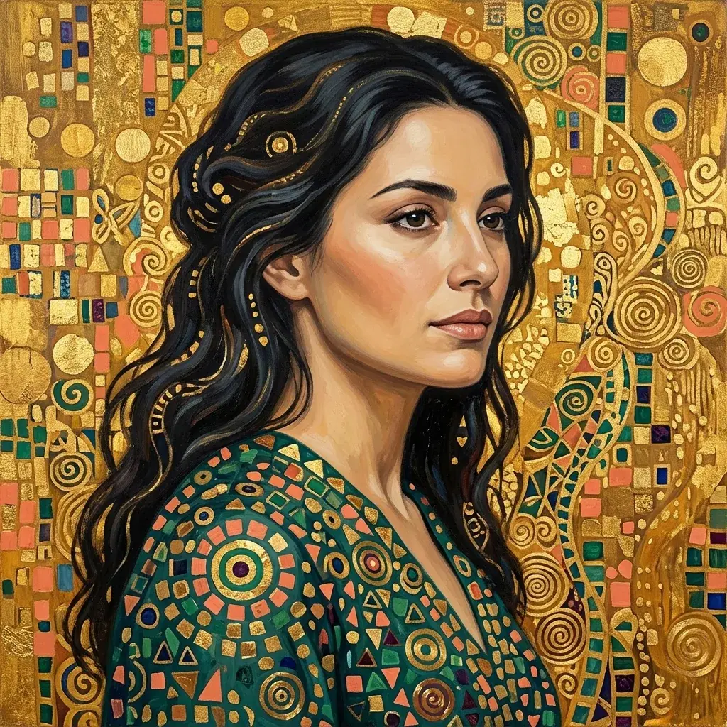 Klimt-inspired portrait of a dark-haired woman wearing a teal patterned garment against a golden mosaic background