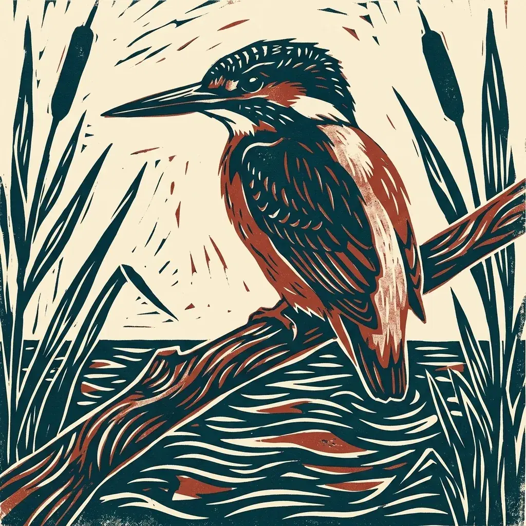 Linocut-style kingfisher in dark teal and brick red, perched on a branch above curved water marks and reeds