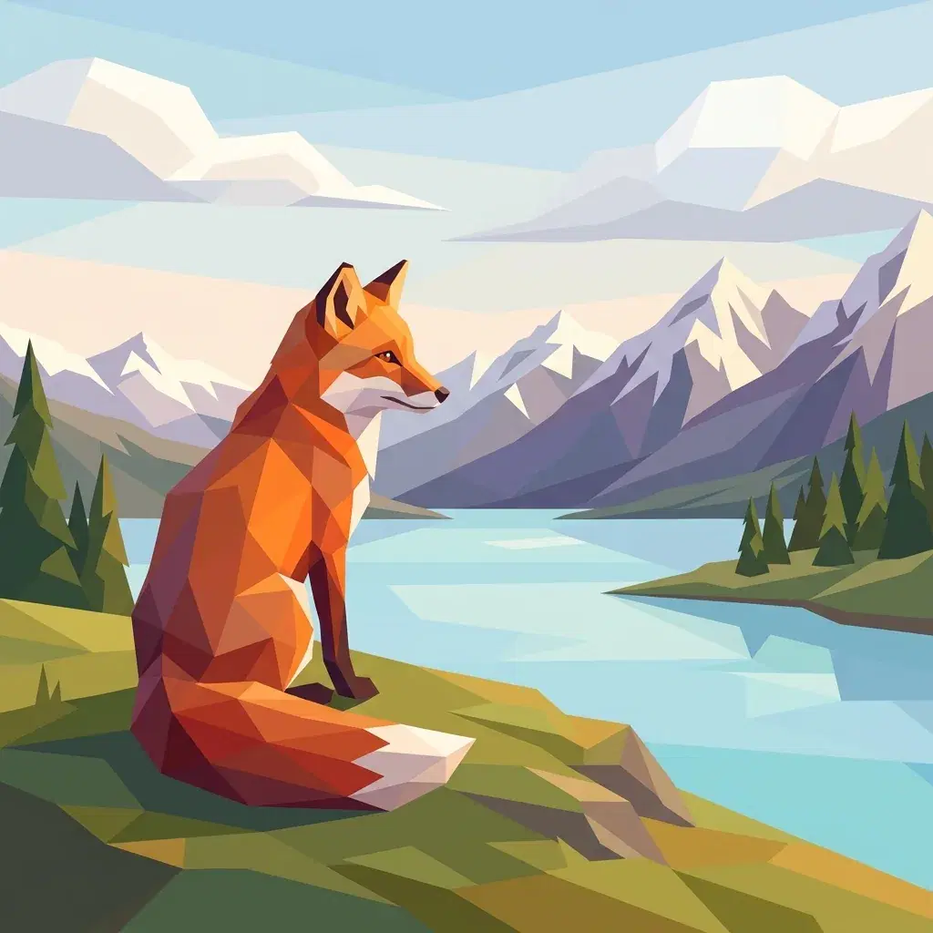 Low-poly red fox sitting on a grassy ridge above a blue lake with angular mountains, trees and a pale sky