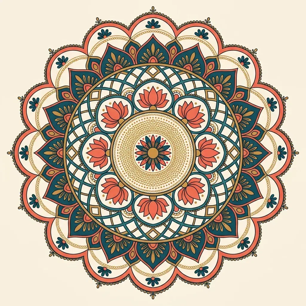 Ornate lotus mandala in deep teal, coral and gold on a cream background, with a dense dotwork centre and layered petal rings