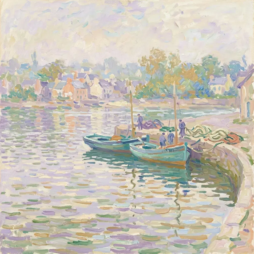 Monet-inspired harbour with small teal boats, peach and cream waterfront houses and softly painted lavender and gold water reflections