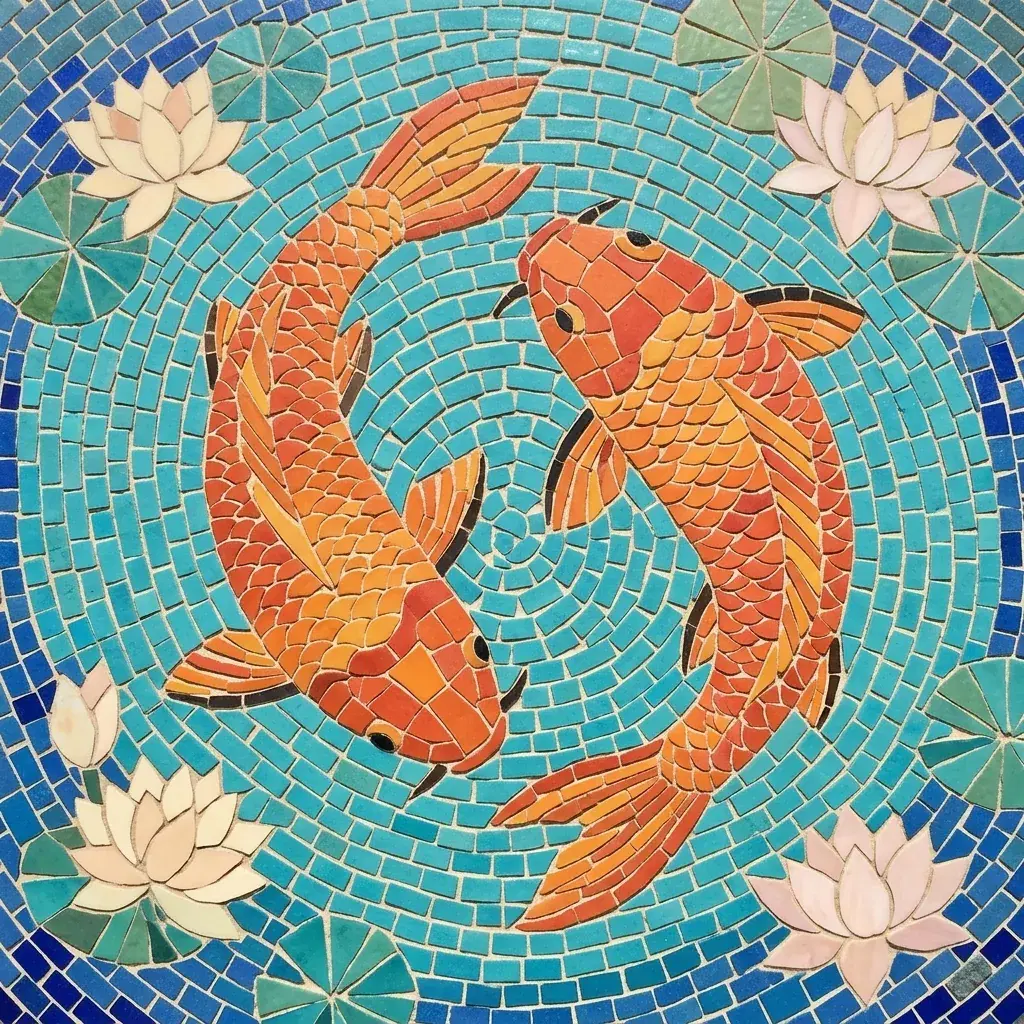 Mosaic-style artwork of two orange koi circling in turquoise water, surrounded by cream lotus flowers and small colored tiles