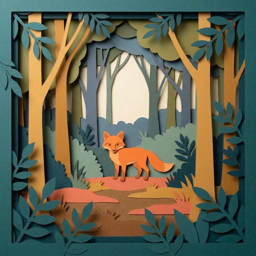 Layered paper cut art of an orange fox in a forest, surrounded by overlapping teal leaves and ochre tree trunks