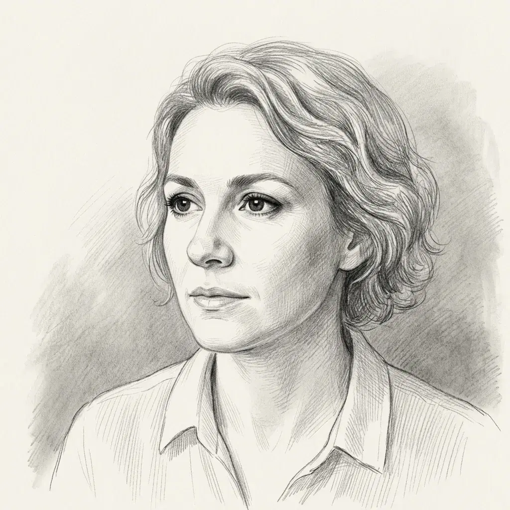 Graphite pencil portrait of a woman with short wavy hair and a collared shirt, with soft gray shading around her face